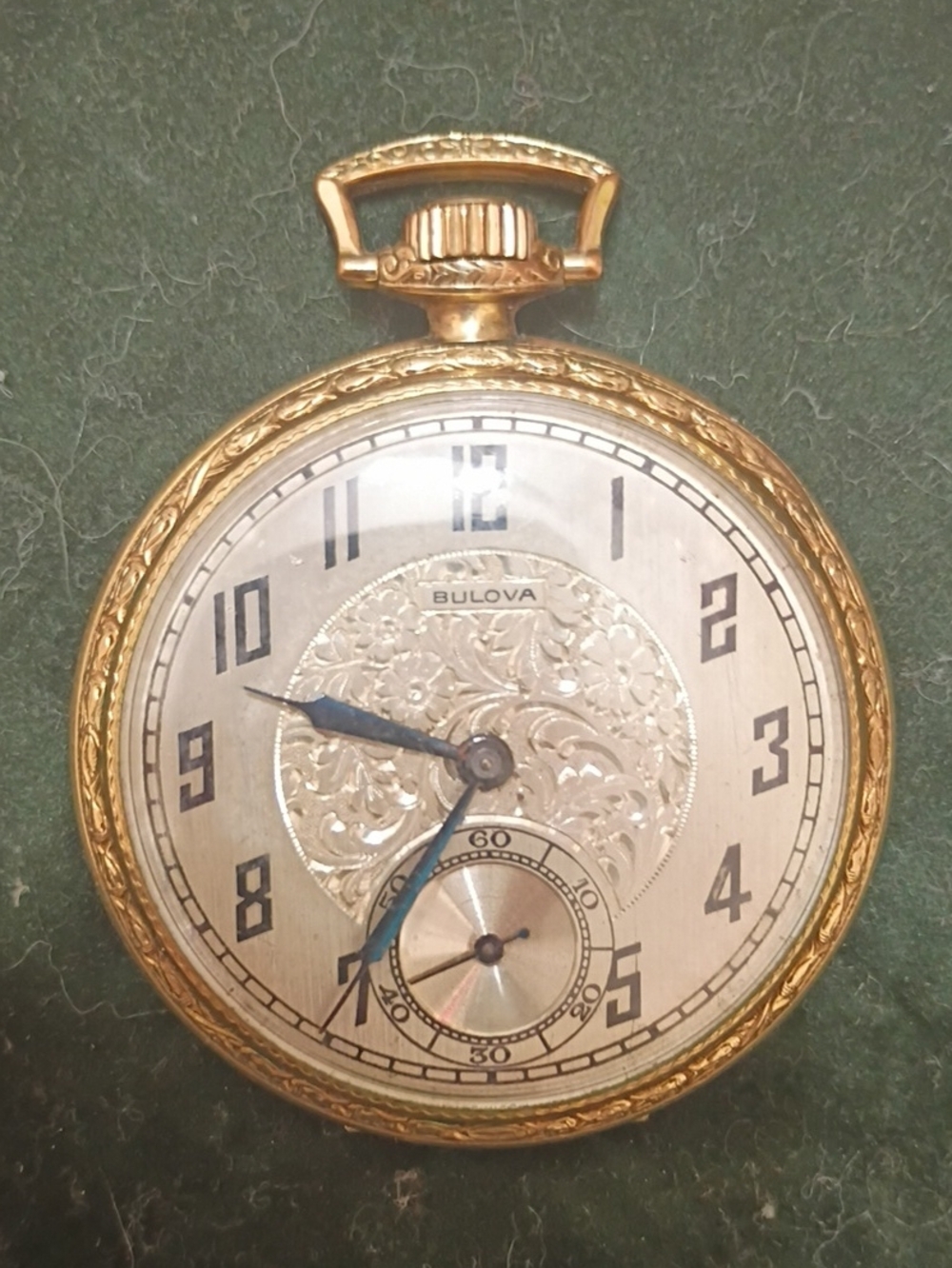 Bulova Gold Pocket Watch with Blue Hands